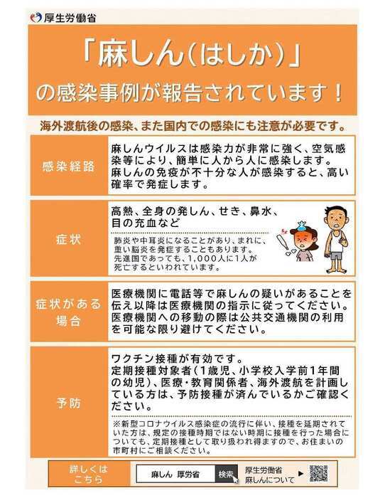 麻しん（はしか）の感染事例が報告されています　厚生労働省リーフレット